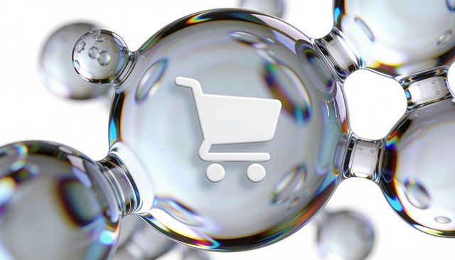 Iridescent glass bubbles with shopping cart icon, glossy macro e-commerce concept