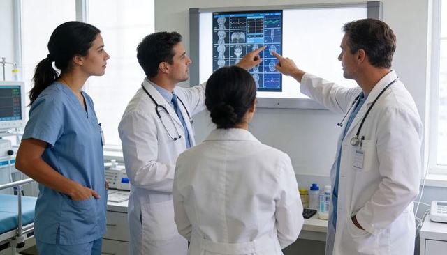Medical team analyzing brain scans on digital display during hospital consultation meeting