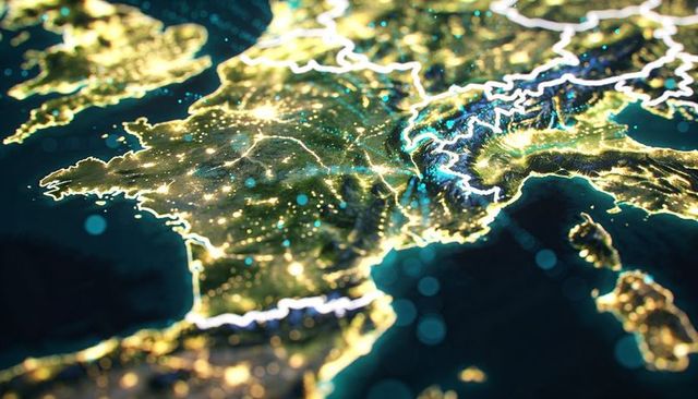 Glowing 3d western europe night map showing lit cities, borders, alpine terrain and coastlines