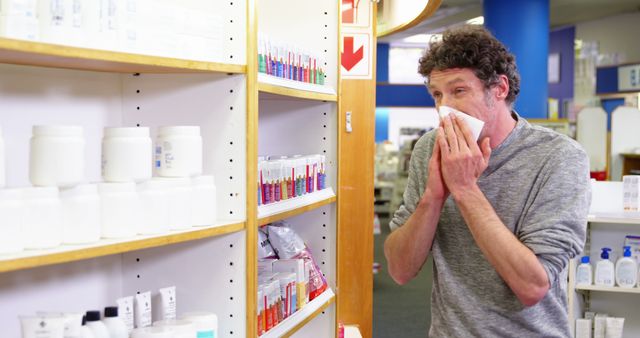 Man with curly hair sneezing into a tissue while standing in a pharmacy aisle. Shelves filled with medical products and toiletries. Ideal for illustrating healthcare topics, common illnesses, pharmacy advertisements, or allergy seasons.