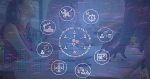Futuristic workflow overlay showcasing teamwork, digital collaboration and data insights