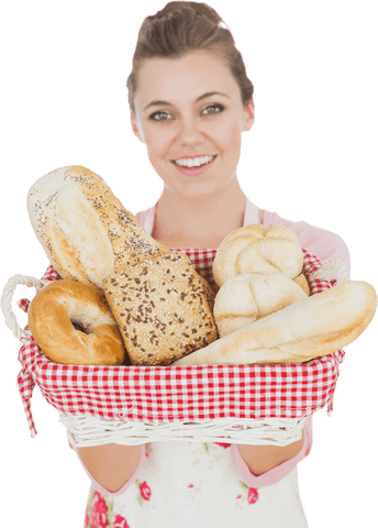 smiling woman holding basket of various breads against transparent background - Download Free Stock Videos Pikwizard.com