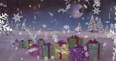 Christmas Presents in Snowy Landscape with Snowflakes and Sleigh