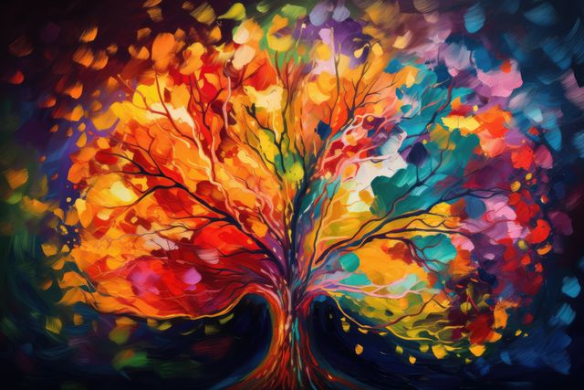 Tree made of colourful stains over black background, created using generative ai technology. Mental, health, brain, digitally generated image.