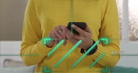 Holding smartphone and tapping screen while wearing smartwatch with augmented reality hud