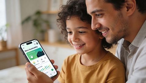 Father and child using home energy app on smartphone, smiling and exploring dashboard