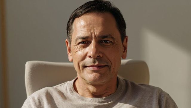 Mature man sitting in high-backed chair, relaxed headshot for professional lifestyle