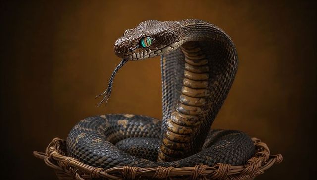 Coiled cobra raising hood and extending forked tongue in wicker basket, dramatic portrait