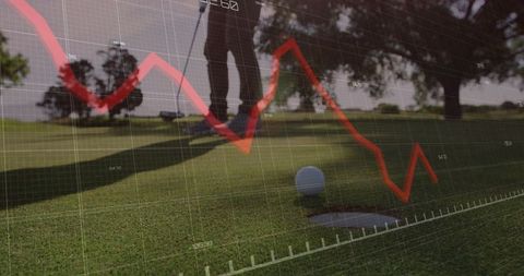 Golfer Analyzing Putt with Financial Data Overlay