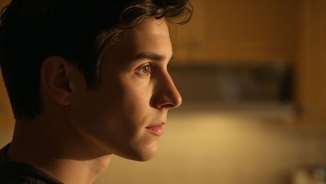 Young man gazing in warm kitchen light closeup profile portrait with soft cinematic mood