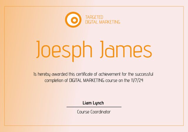 Certificate of achievement for digital marketing course completion designed on a beige background. Perfect for educators and schools looking to award students who successfully complete digital marketing training. Corporate training departments may also use it for recognizing employee achievements in digital marketing development.