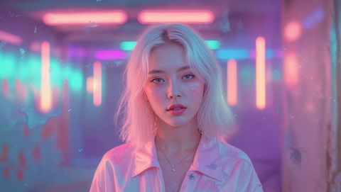 Futuristic Asian Model in Neon Lit Corridor Poster for Modern Aesthetic Design