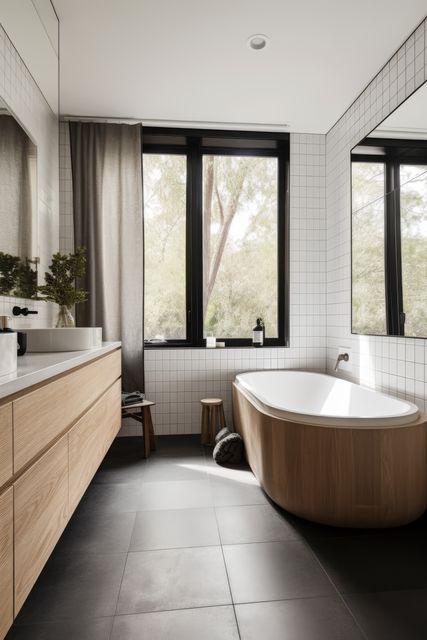Modern bathroom with window and white tiling, created using generative ai technology. Bathroom, interior design and home decor concept digitally generated image.