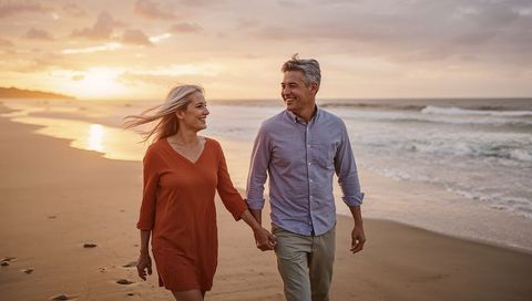Mature couple walking hand-in-hand on sunset beach during golden hour romantic stroll