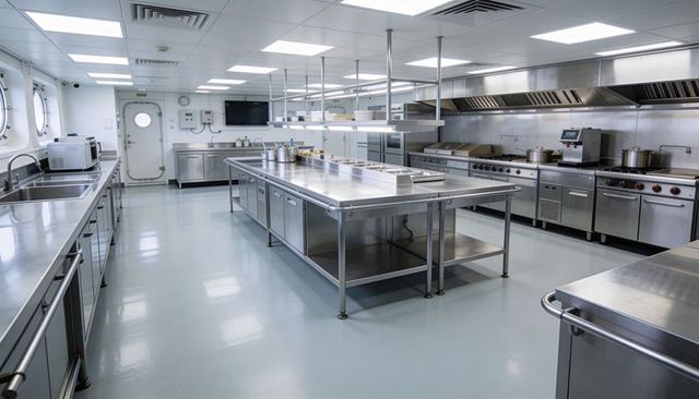 Stainless-steel ship galley with central prep island and overhead shelving for catering