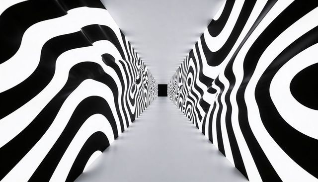 Monochrome wavy corridor creating hypnotic optical illusion and deep perspective