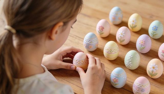 Child arranging pastel decorated easter eggs on wooden table holding pink egg with care