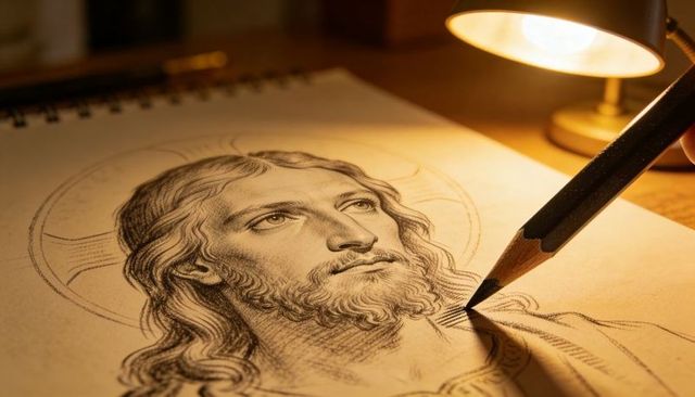 Artist sketching classical bearded christ portrait with halo graphite shading under warm lamp