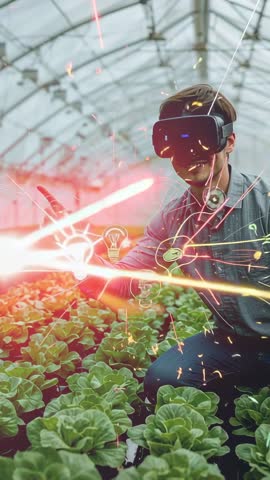VR Scanning Greenhouse Monitoring Lettuce with Holographic Data Overlays, Immersive AgriTech