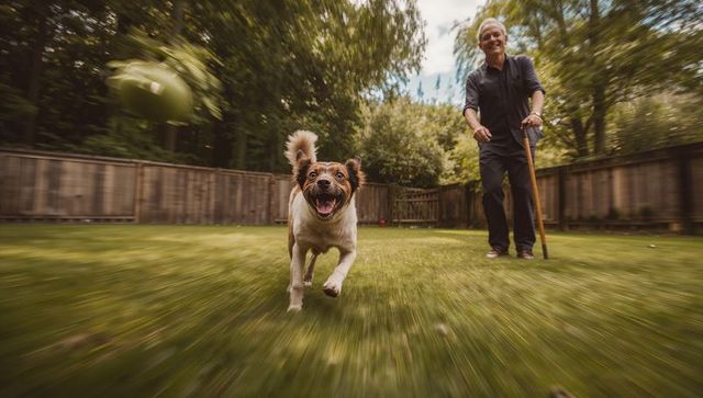 Energetic dog chasing green disc in lush backyard with senior