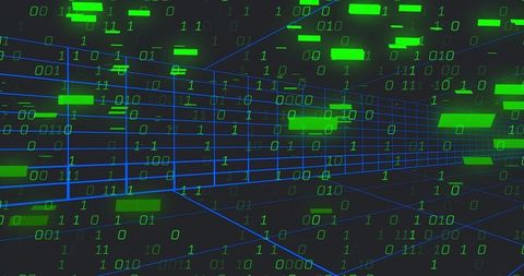 Streaming Binary Tunnel With Neon Wireframe Grid and Floating Green Data Bars in Cyberspace
