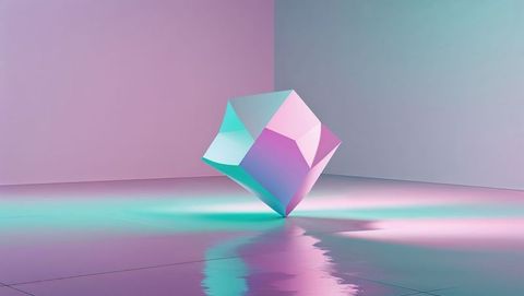 Floating polyhedron with reflections in ambient gallery