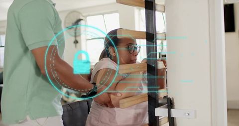 Physical therapist assisting woman on stall bars during rehabilitation with holographic lock overlay