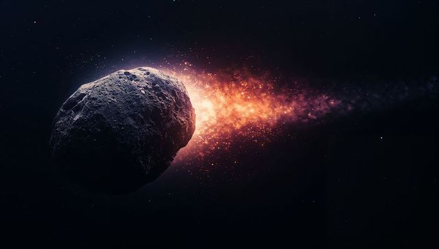 Cratered asteroid hurtling through deep space trailing fiery plasma plume and embers