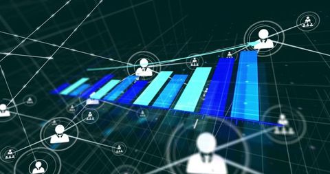 Holographic business network growing bar chart with connected user avatars and analytics