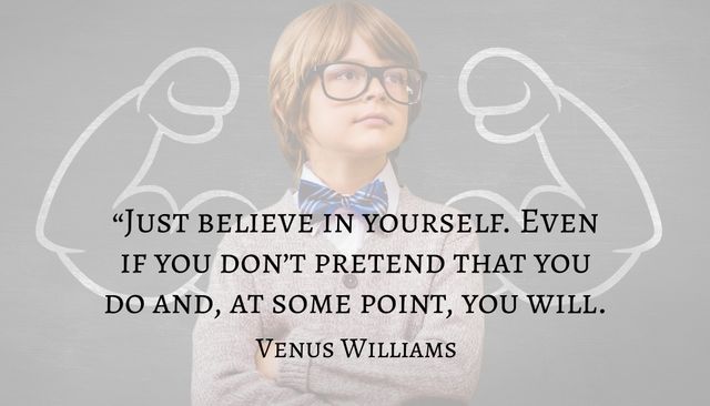 Young boy standing confidently with arms crossed against chalkboard background with superhero arms drawn behind him. Inspirational quote from Venus Williams emphasizes self-belief. Ideal for motivational materials, classroom decor, educational campaigns, and positive mindset promotions.