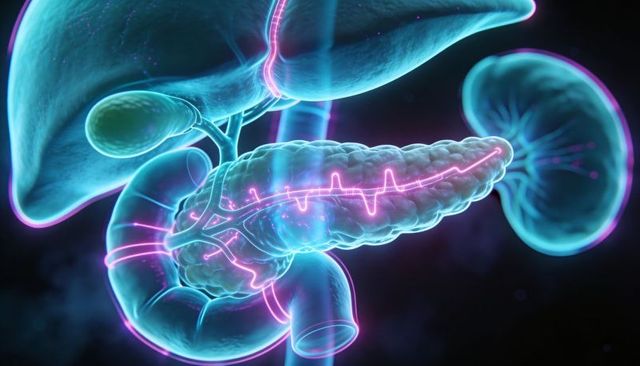 Glowing pancreas displaying magenta duct with liver and gallbladder in neon 3D anatomy