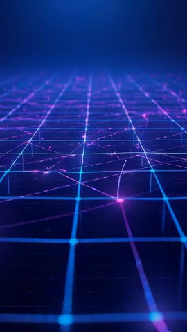 Revealing Neon Grid Network Pulsing Nodes and Data Filaments in Futuristic Vertical Tech