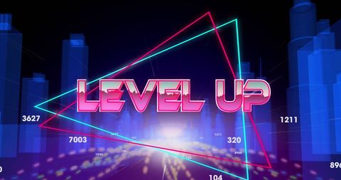 Futuristic Level Up Text Overlay on 3D Cityscape