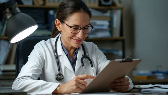Female doctor reviewing patient chart at desk, pointing at clipboard, stethoscope visible