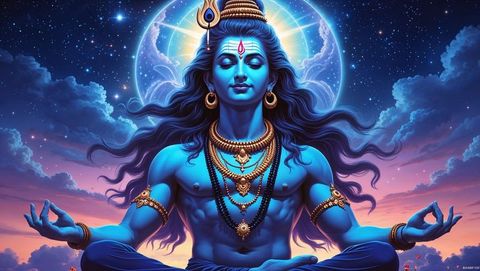 Celestial Blue Deity Meditating in Starry Cosmos