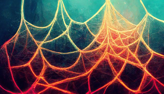 Vibrant spider webs illuminated with multi-colored lights creating an ethereal atmosphere in a foggy setting. Ideal for fantasy art projects, themed decorations, digital backdrops, and Halloween designs focusing on mystical or eerie aesthetics.