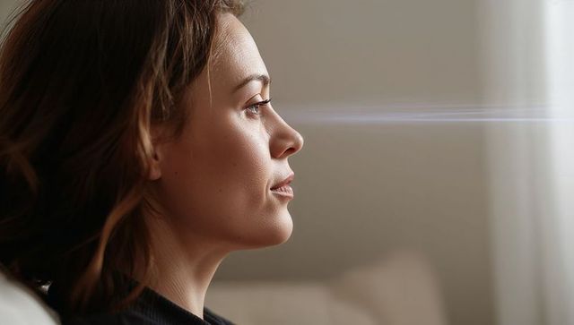 Adult woman in profile gazing out window with soft lens flare natural light portrait