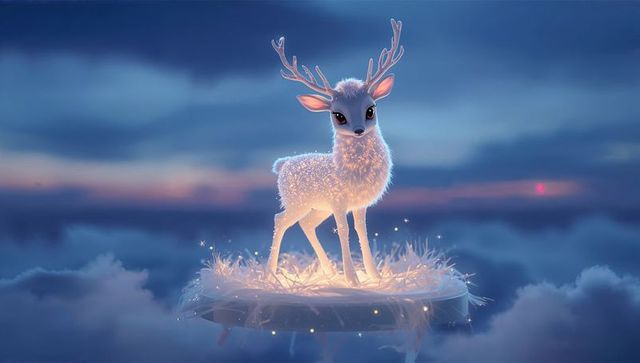 Glowing luminous deer standing on floating platform above clouds at twilight