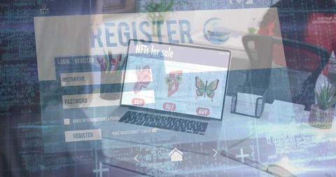 Registering buying nfts on laptop at modern office desk with code overlay, crypto market