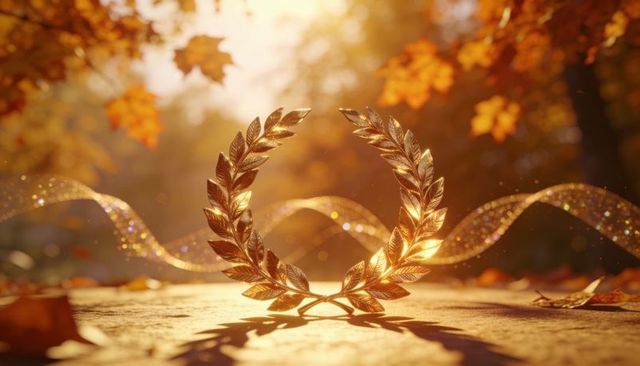 Glistening golden laurel wreath on autumn forest floor backlit by warm sunlight