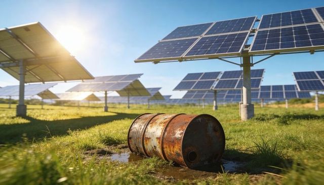Rusting oil barrel leaking in muddy puddle near solar panels in photovoltaic field