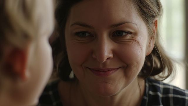 Smiling woman bonding with child by window, sharing gentle gaze and warm maternal bond