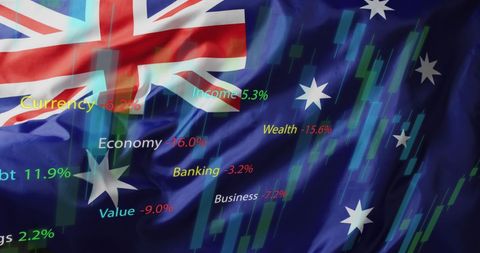 Australian Flag with Financial Data Overlay Illustrating Economic Trends