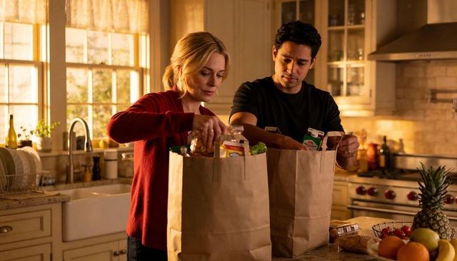 Couple unpacking groceries in sunlit farmhouse kitchen organizing produce on island