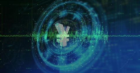 Rotating 3D Yen-Yuan Symbol with Futuristic Holographic HUD Rings and Green Waveform