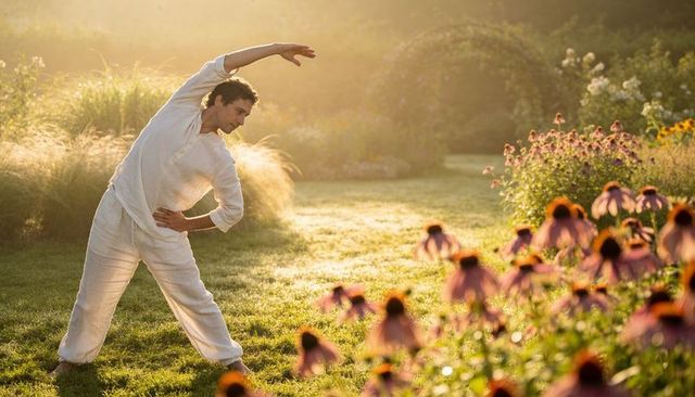 Man stretching barefoot in linen on dewy garden lawn with backlit pink coneflowers at sunrise