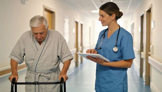 Nurse assisting elderly man with walker in hospital corridor recording notes on tablet