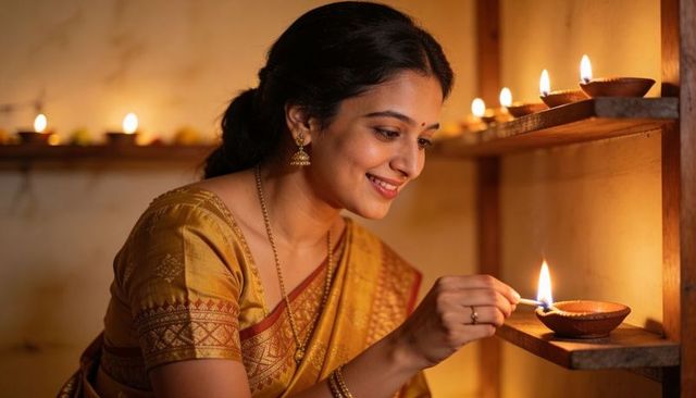Indian woman lighting clay diyas during festival wearing gold saree and jewelry