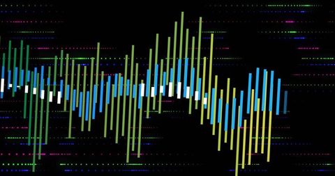 Neon Glitch Candlestick Wave with Vertical Bars and Digital Spectrum Visualization