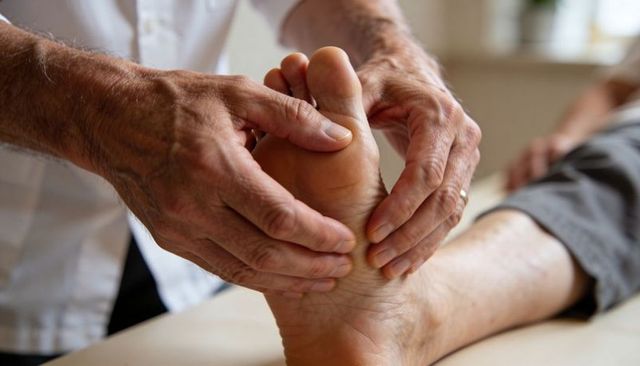 Elderly therapist performing foot massage therapy for pain relief and wellness